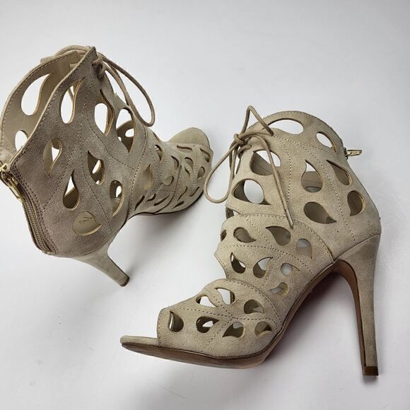 Aldo Tan Suede Laser-Cut Peep Toe Heels, Size 6.5 - Picture 3 of 16